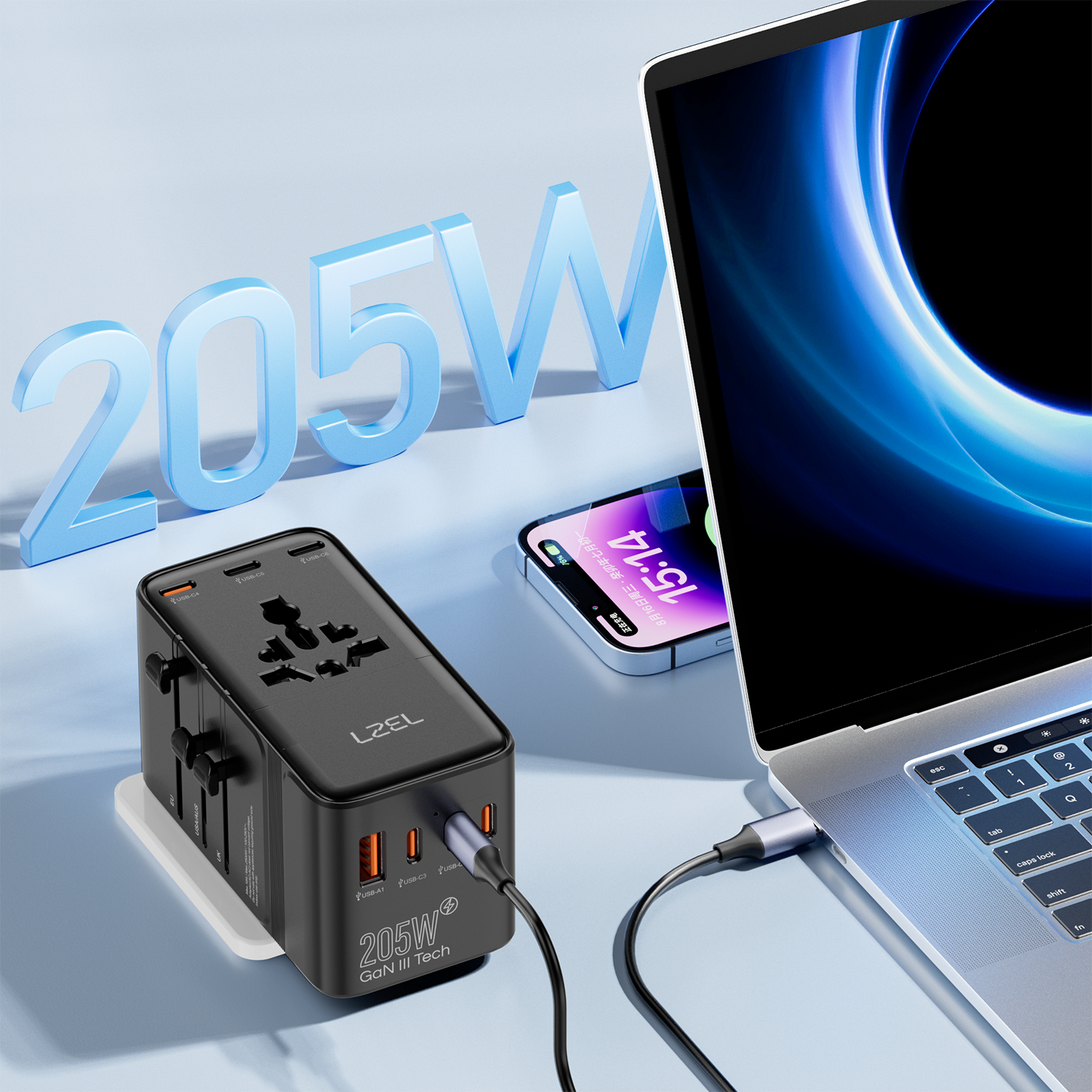 محول سفر سريع Voyage Globepowers من ليزل بقوة 205 واط بتقنية GaN III و PD | أسود محول سفر سريع Voyage Globepowers من ليزل بقوة 205 واط بتقنية GaN III و PD | أسود